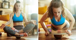 Kvinde som bruger balancebræt på forskellige måder