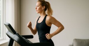 Kvinde løber på et løbebånd i hjemmet