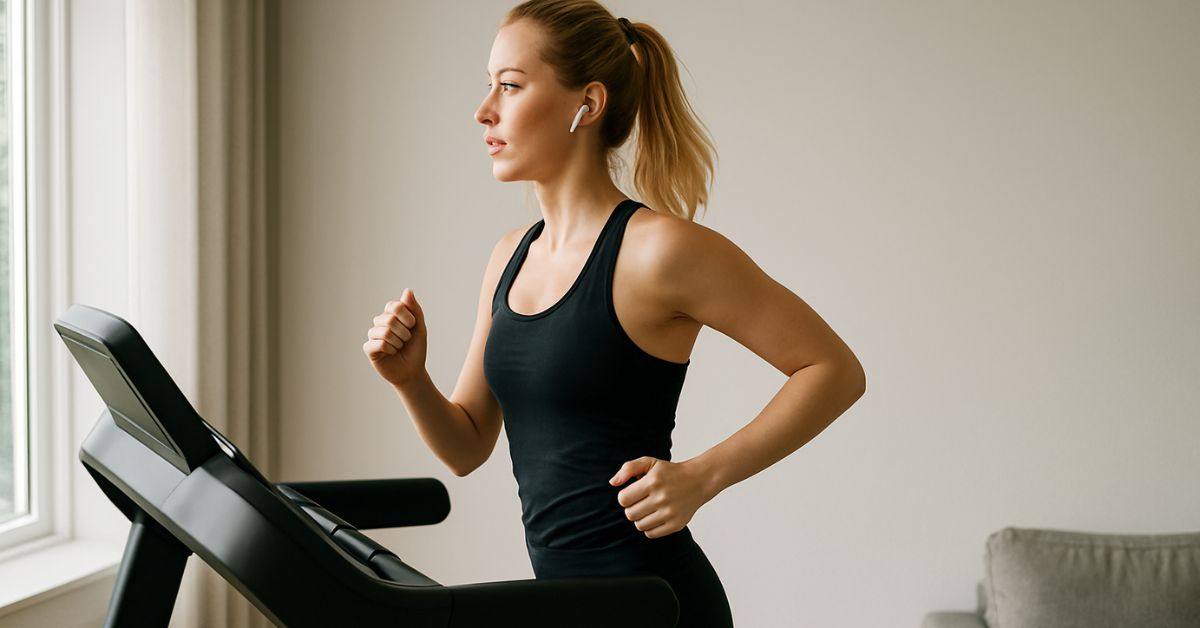 Kvinde løber på et løbebånd i hjemmet